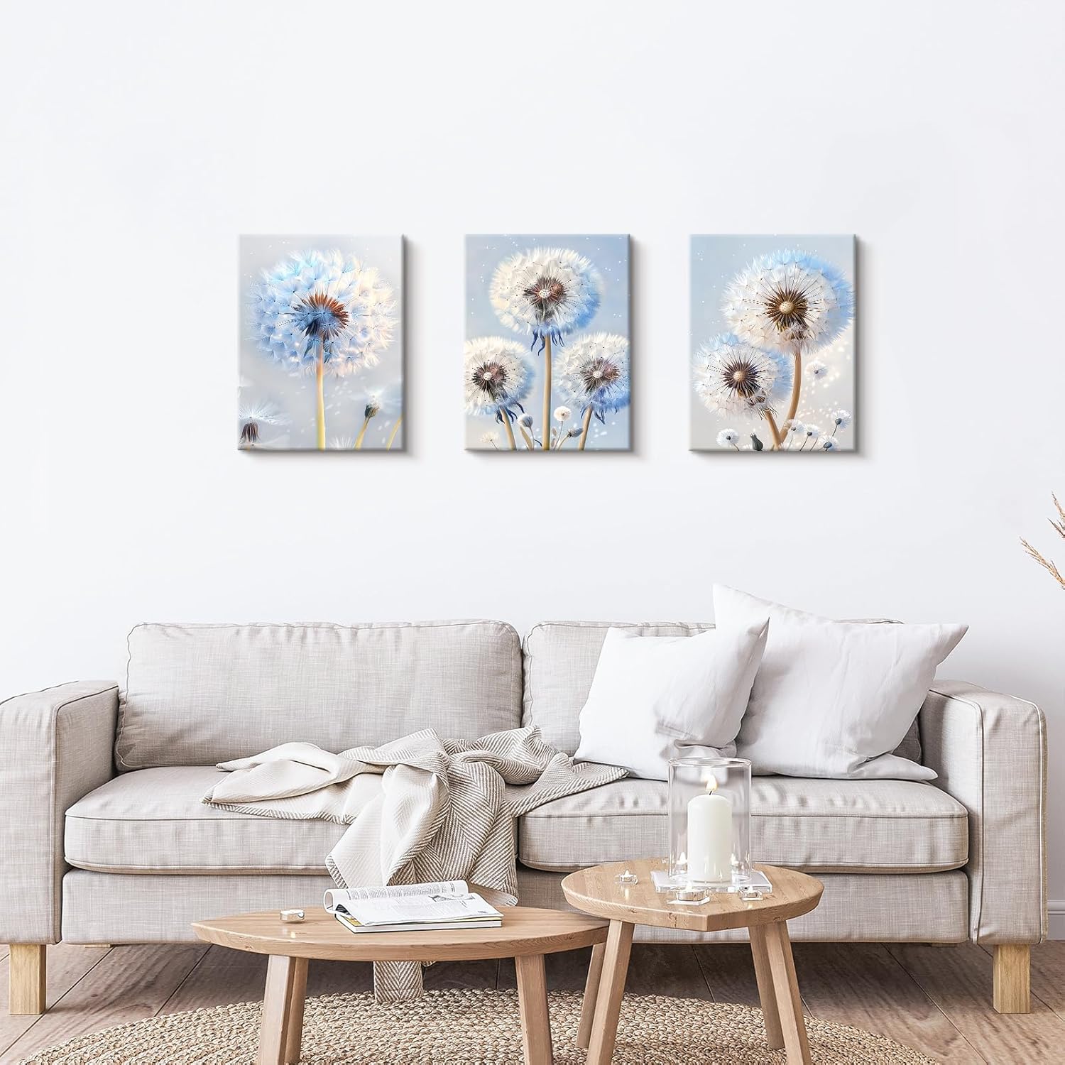 Thumbnail 3 de 3-panel Blue & White Dandelion Canvas Wall Art (30x40cm x 3) – Minimalist Natural Plants Framed Set