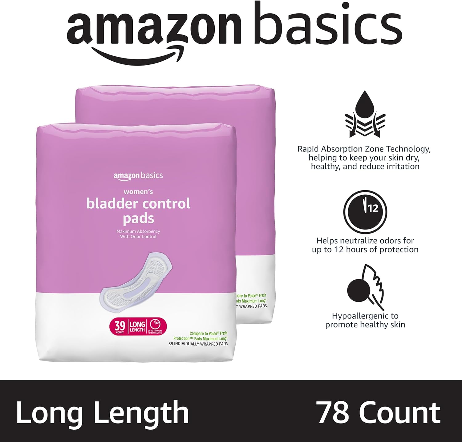 Detalle 2 de Amazon Basics Women's Incontinence Pads, Long, Maximum Absorbency — 78 count (2x39)