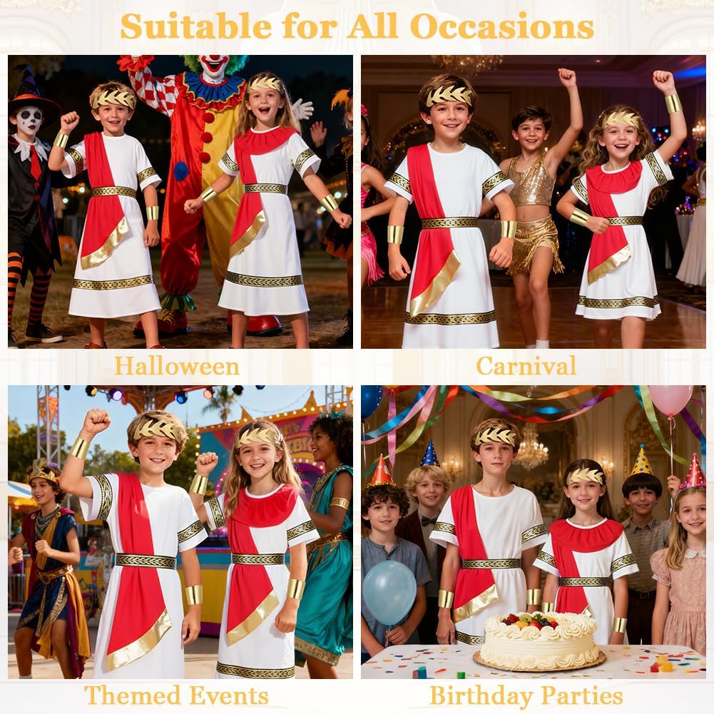 Thumbnail 6 de Costume da antica Grecia Romana BSBUY per ragazzi e ragazze, bianco e rosso (toga/abito lungo con cintura)