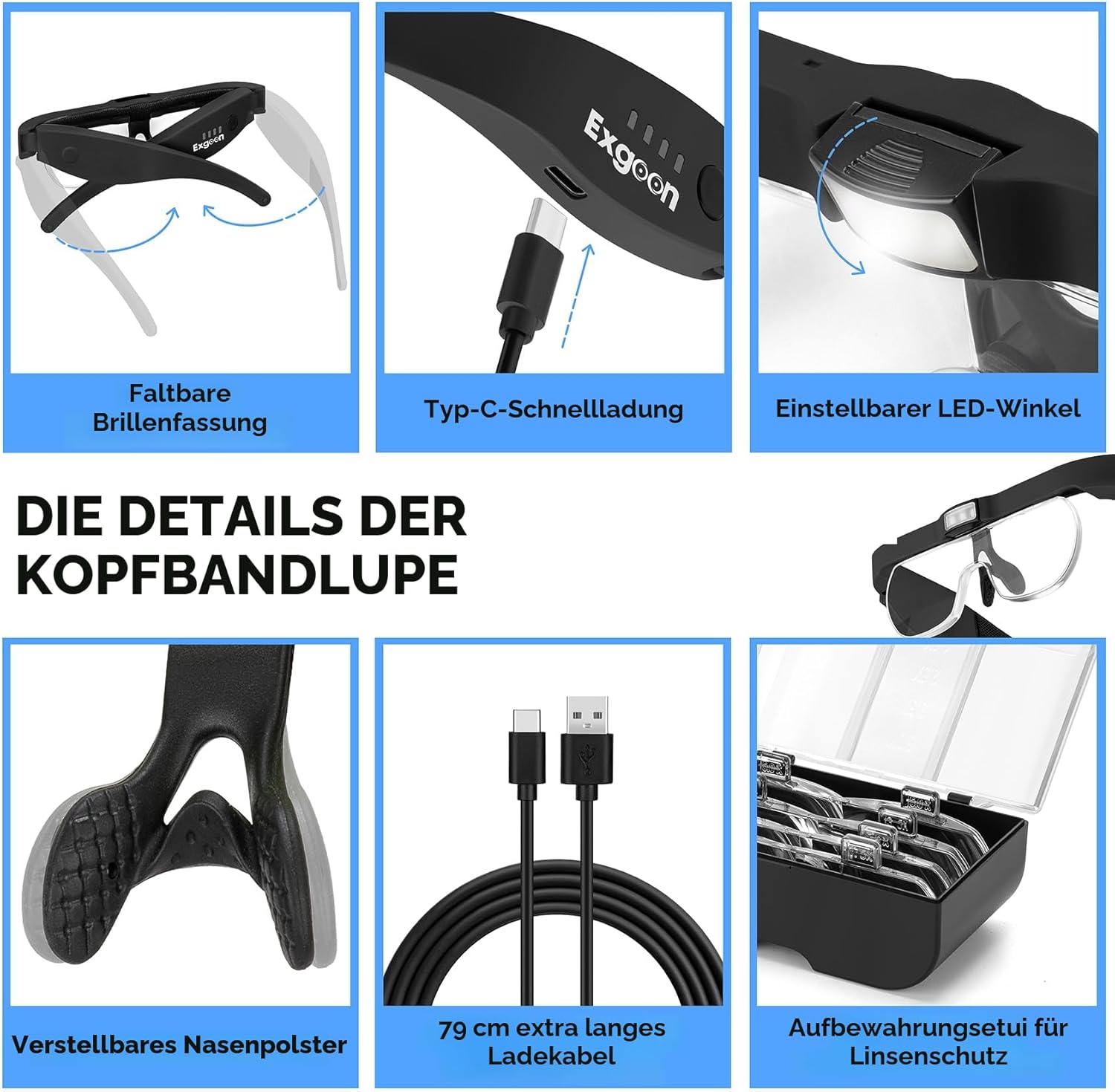 Detalle 2 de Exgoon Lupe mit Licht: 1.5X–5X Lupenbrille mit 3 LEDs & 4 Wechselgläsern für Brillenträger (schwarz)