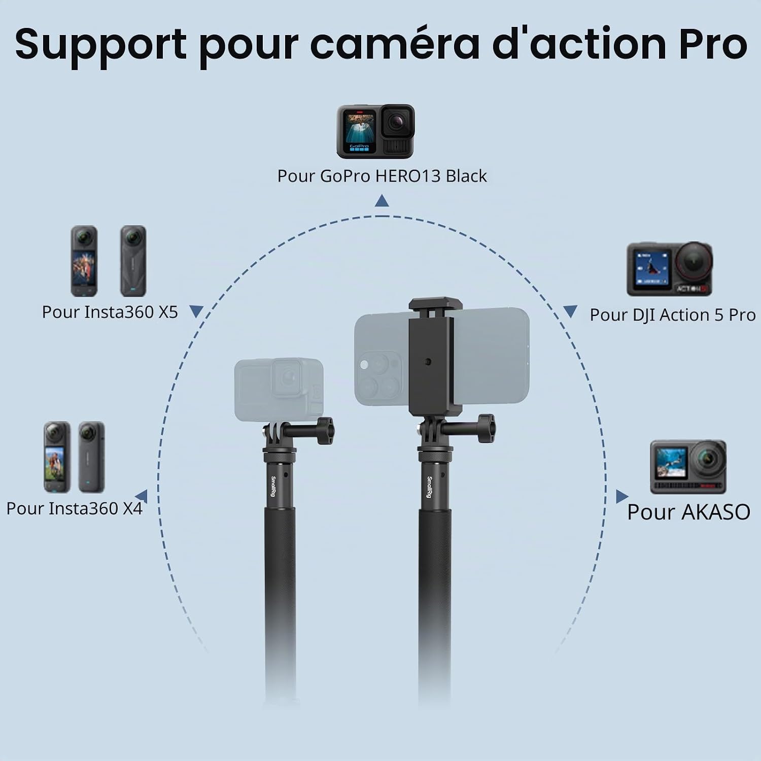 Thumbnail 6 de SMALLRIG Perche à selfie pour caméras d'action, modèle 5403 – extensible 7,8 à 37,4 pouces, avec trépied et support de téléphone