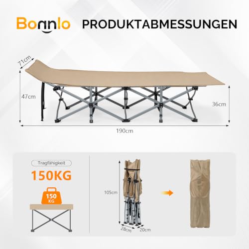 Detalle de Bonnlo Feldbett klappbar mit Matratze – XXL Campingbett 190 x 71 x 36 cm, verstärkte Stahlrohre, Oxford-Gewebe, Braun