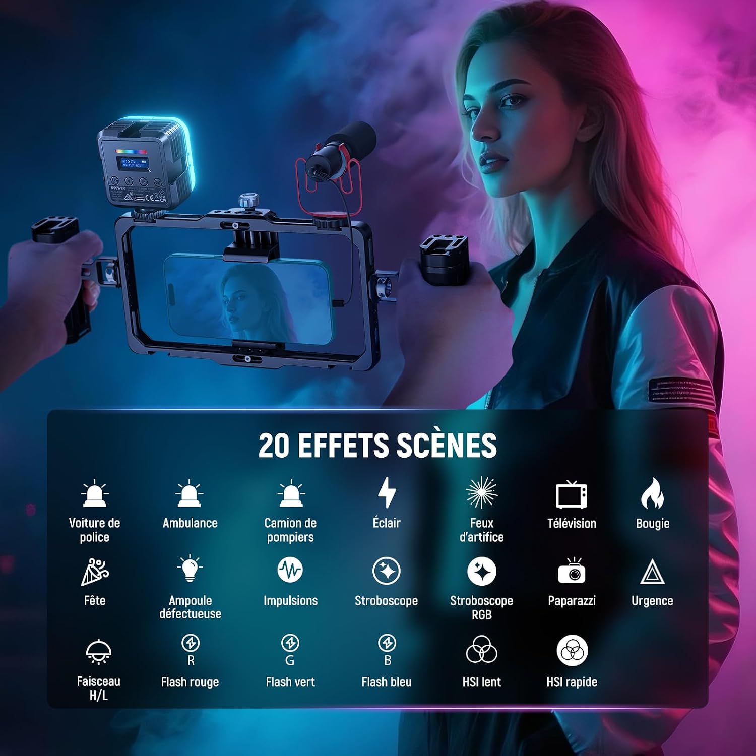 Detalle de NEEWER Lampe magnétique RGB pour appareil photo RGB61 : 61 LED, IRC 97+, 2500–8500 K et 20 modes