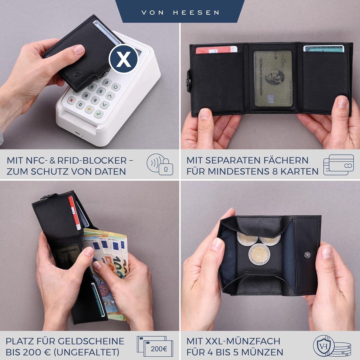 Detalle 2 de VON HEESEN Slim Wallet mit XXL-Münzfach & RFID-Schutz – Leder-Kartenetui in Schwarz