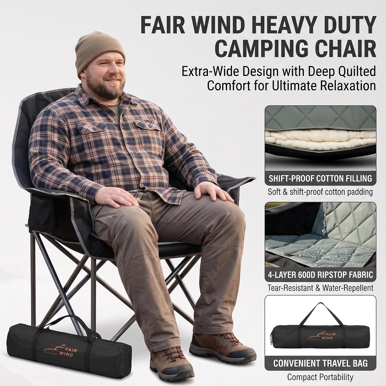 Detalle 2 de FAIR WIND BB301-BK2 Oversized Padded Camping Chairs, 2-Pack, 500 lb Capacity