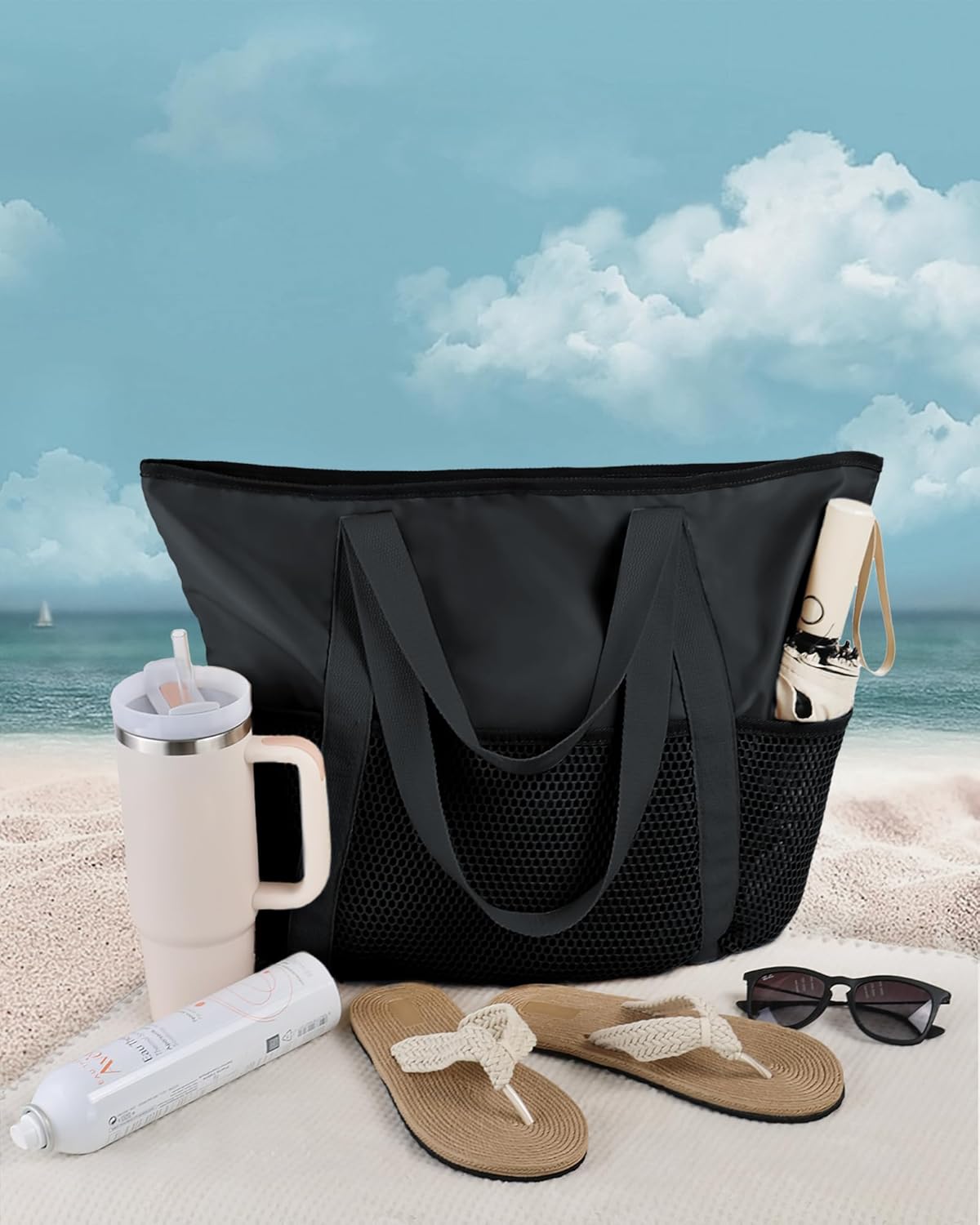 Detalle de HOMESPON Beach Tote Bag for Women with Zip and Pockets - Large Waterproof Mesh Pool/Travel Tote