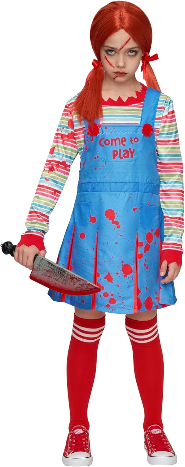 Detalle de Spooktacular Creations Creepy Doll Costume for Kids with Rainbow Shirt and Knee-High Socks