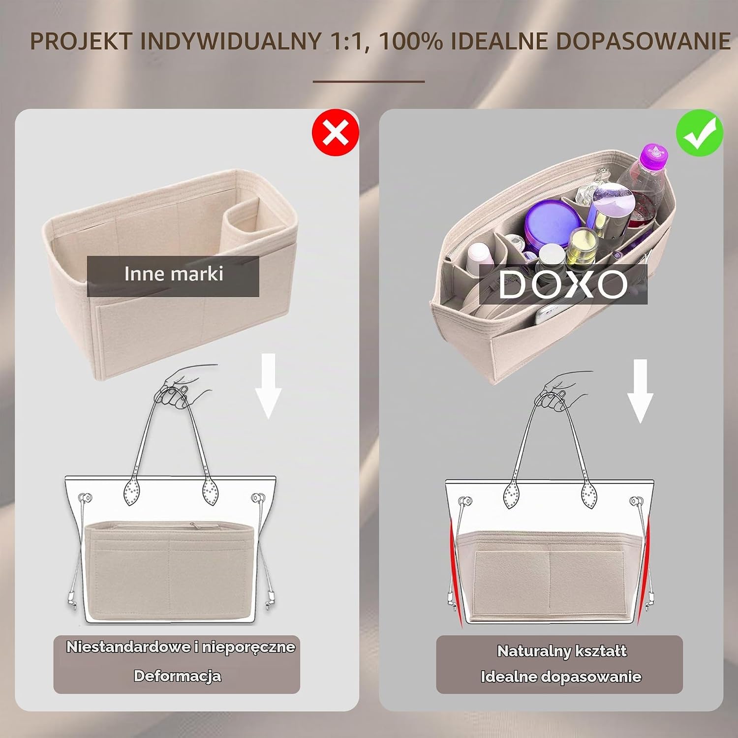 Detalle 2 de Doxo organizer do torebki, filcowy rozmiar M, z zamkiem i 8 przegrodami