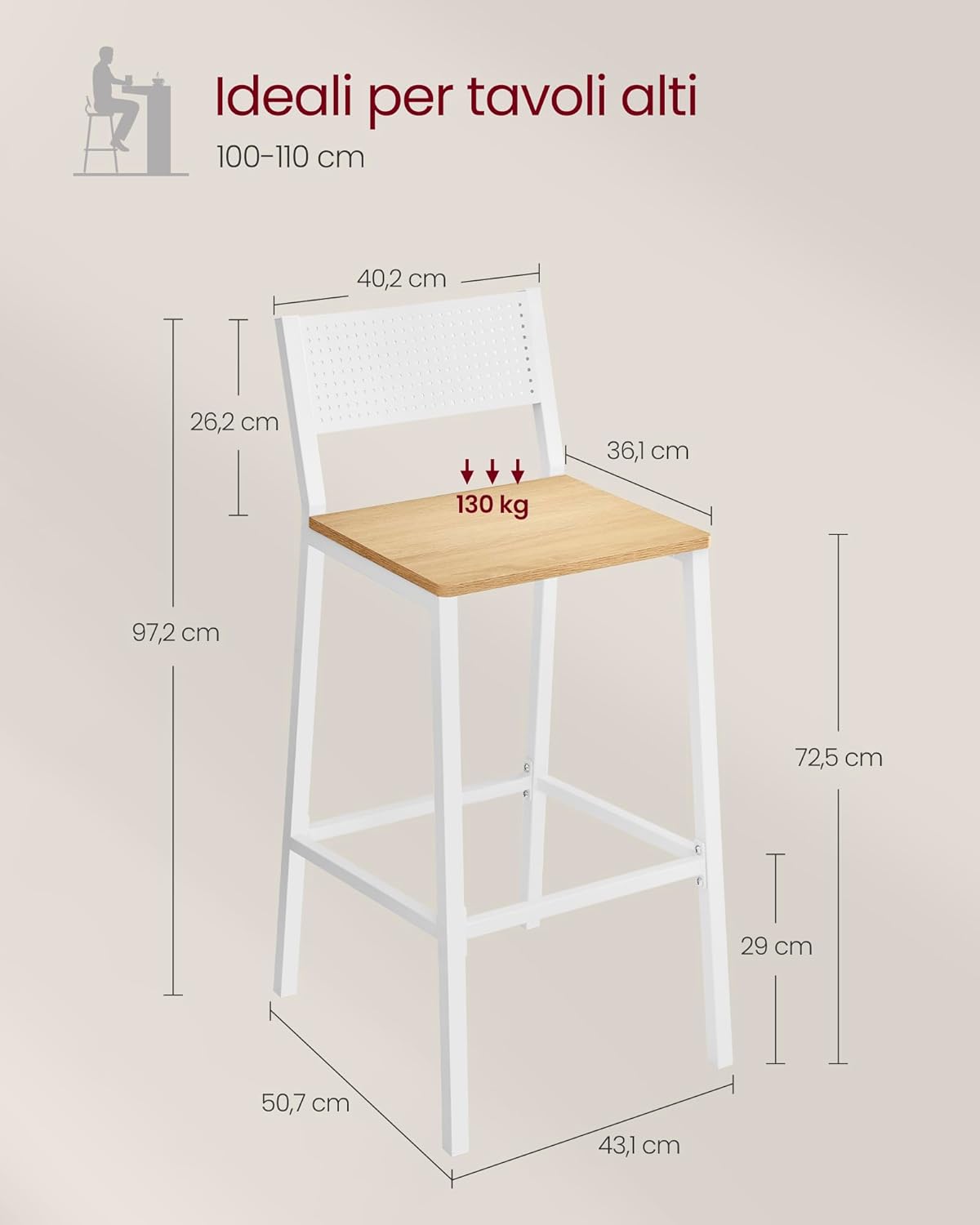 Detalle de VASAGLE Sgabelli Cucina, Set da 2 – Sgabelli da Bar alti in stile industriale beige rovere bianco LBC070W09