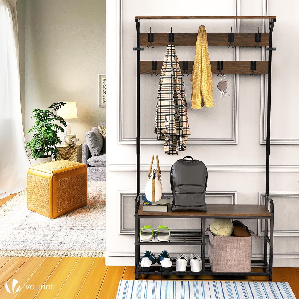 Detalle de VOUNOT Stand Appendiabiti da Terra con Panca Scarpiera a 3 Ripiani — Design Industriale per Ingresso