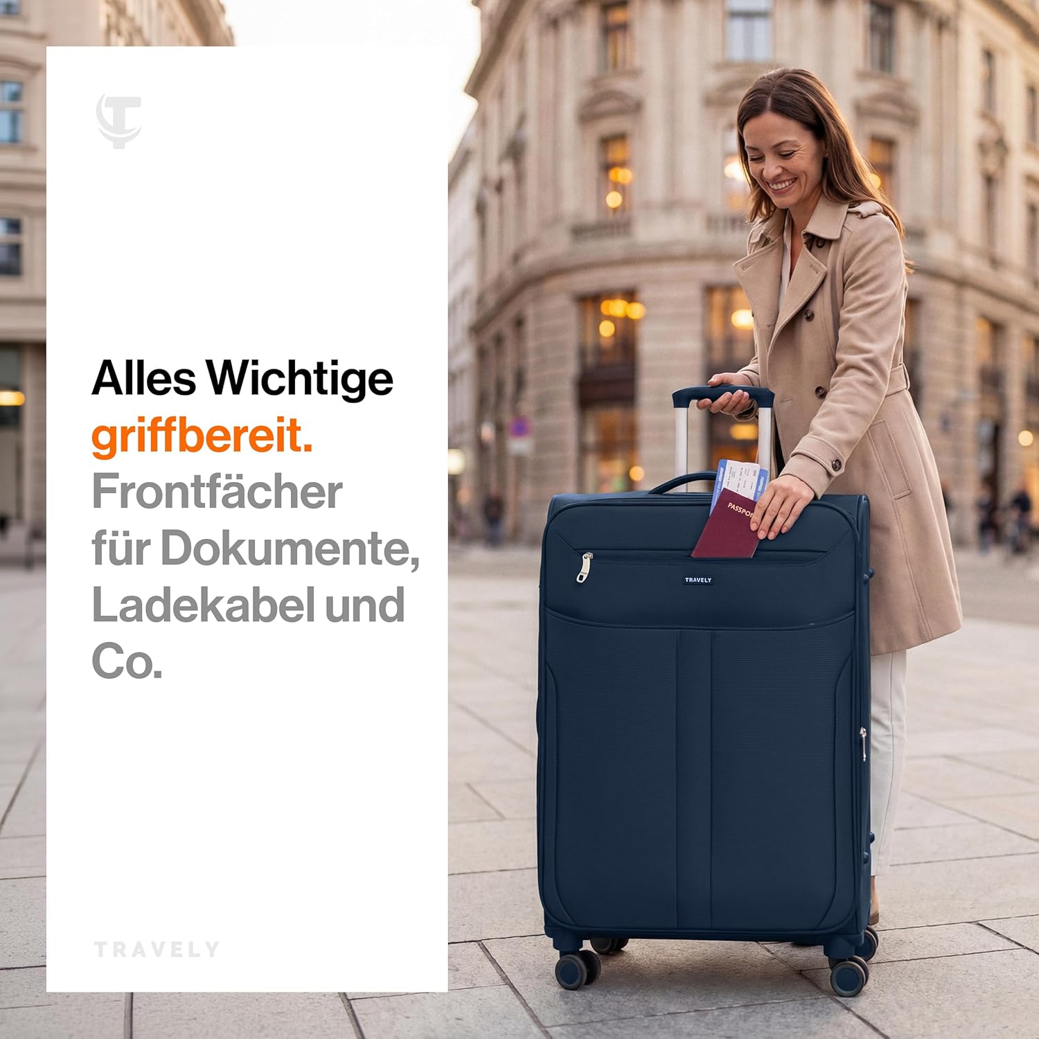 Detalle 2 de Travely Stoffkoffer XL – Großer, leichter Reisekoffer mit 4 Rollen und TSA-Schloss