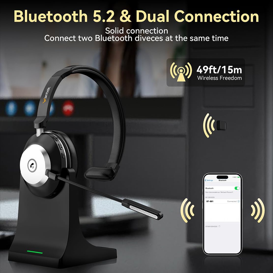 Detalle de Wantek Bluetooth Headset (V5.2) with Microphone, USB Dongle, Mute Button and Charging Base