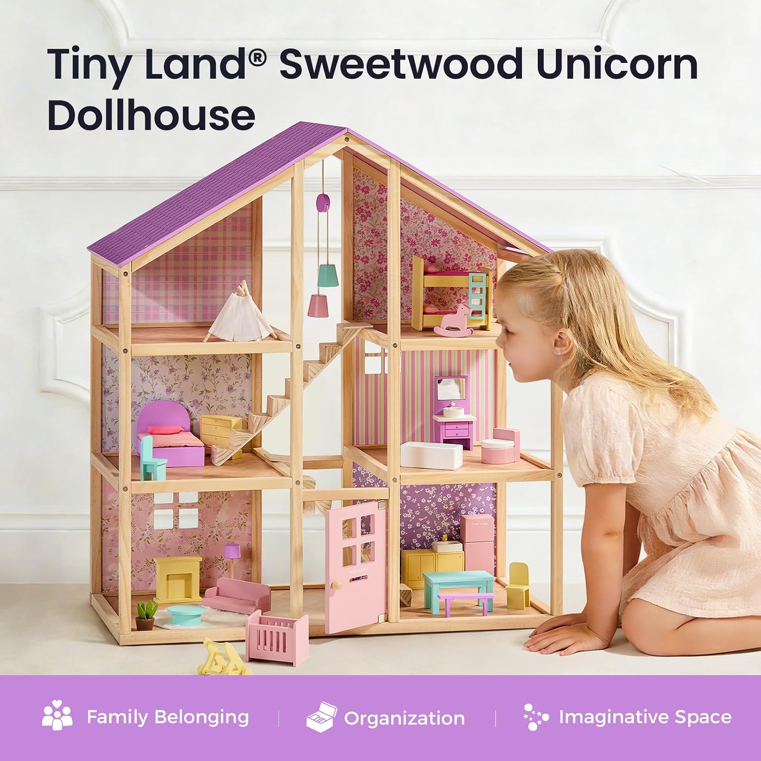 Detalle 2 de Tiny Land Wooden Dollhouse for Girls - 6 Rooms with 31-Piece Furniture Set (Unicorn Purple)