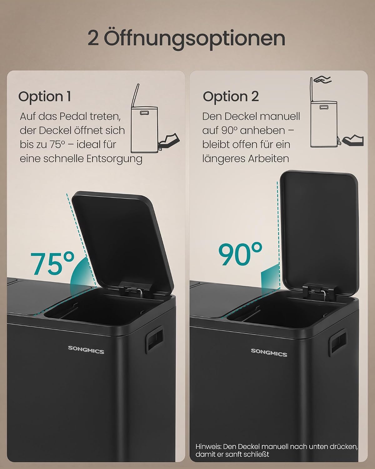 Detalle de SONGMICS Mülleimer Küche, 3 x 18 L – dreiteiliges Mülltrennsystem mit Pedal, Softclose-Lid und herausnehmbaren Inneneimern