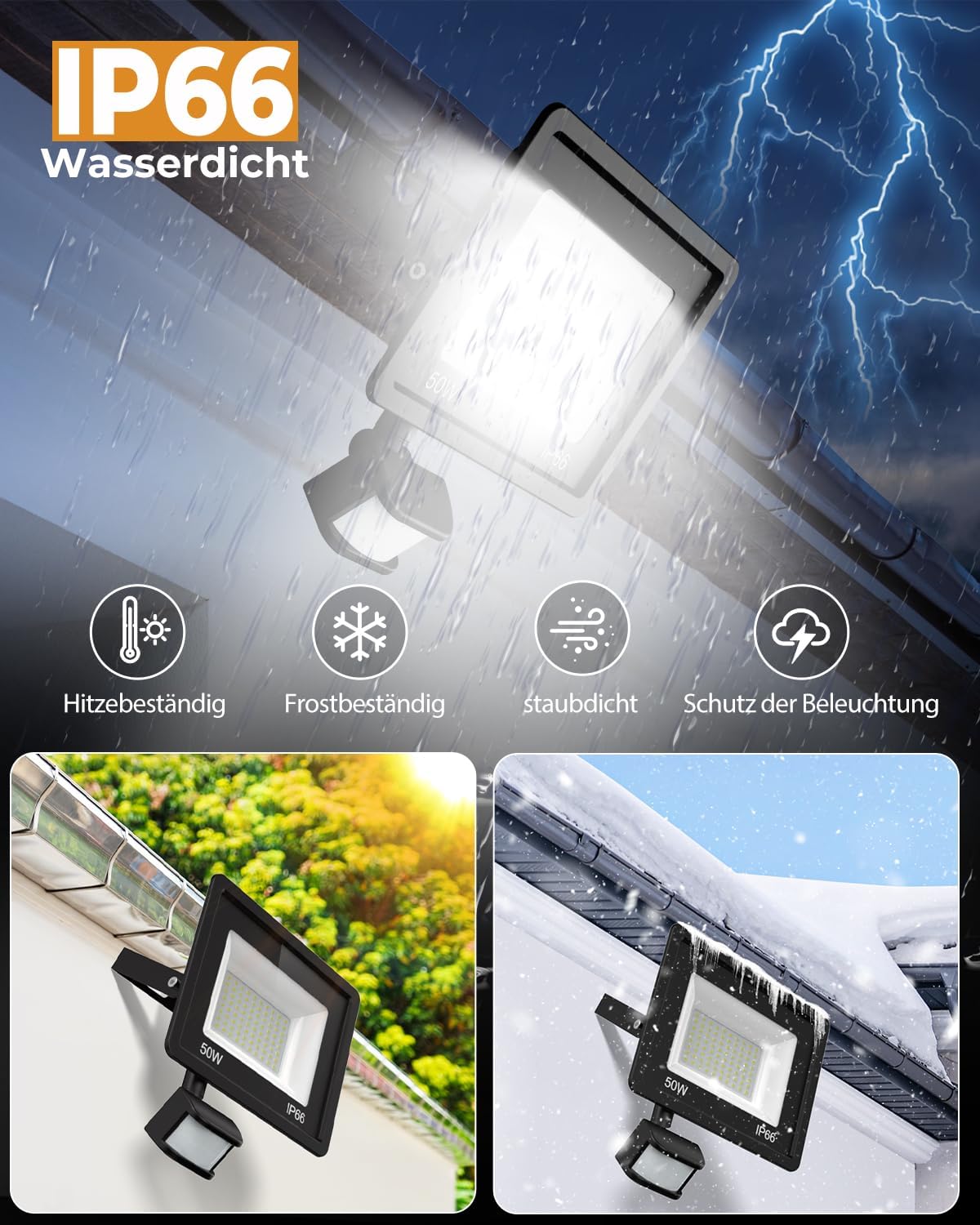 Detalle de vighep 50W LED Strahler mit Bewegungsmelder für außen – 2er-Set, fernbedienbar (IP65), 3 Farbtemperaturen
