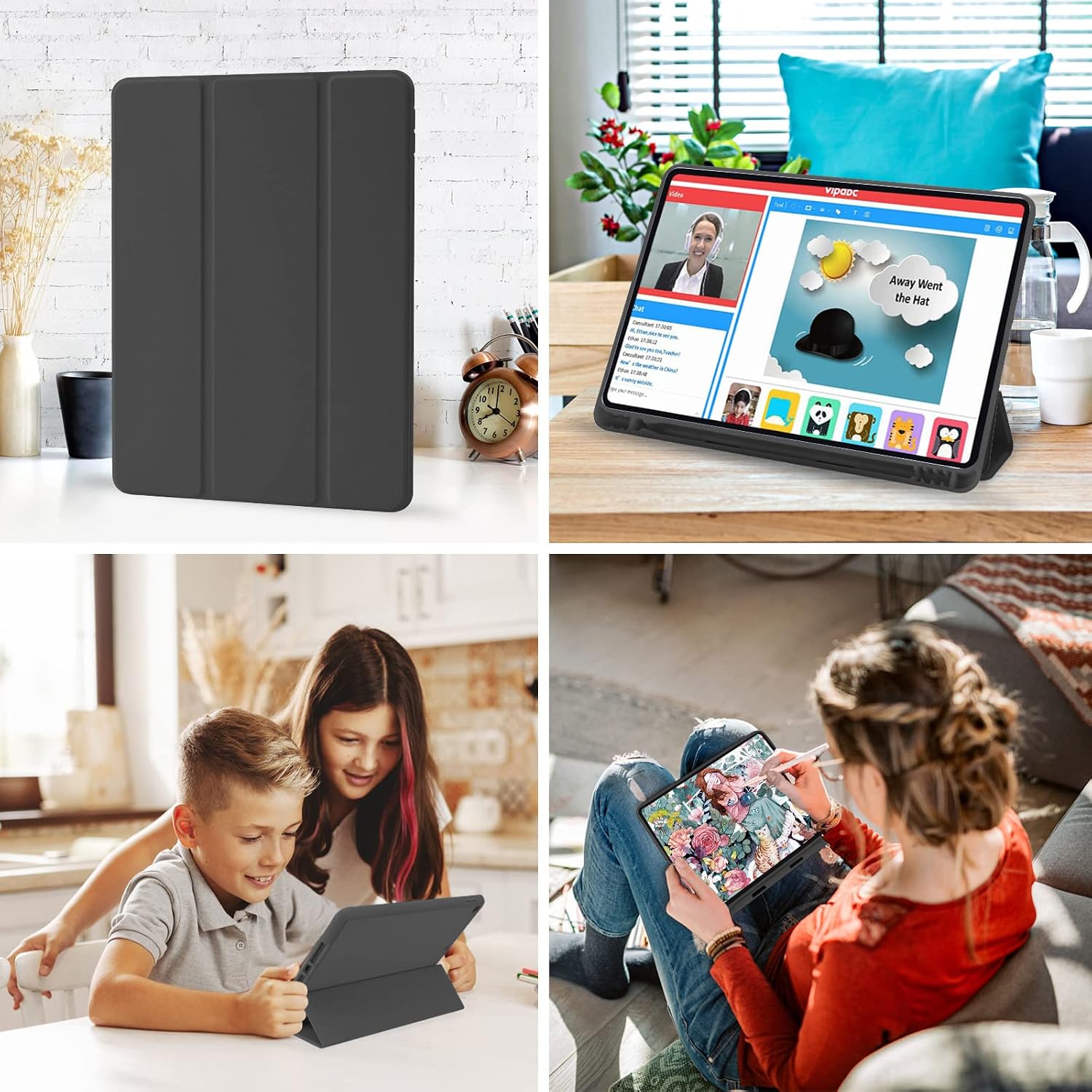 Detalle de Hülle für iPad 9.Gen / 8. Gen / 7. Gen (10,2 Zoll) mit Stifthalter, Trifold-Stand, Auto Schlafen/Wachen – Schwarz