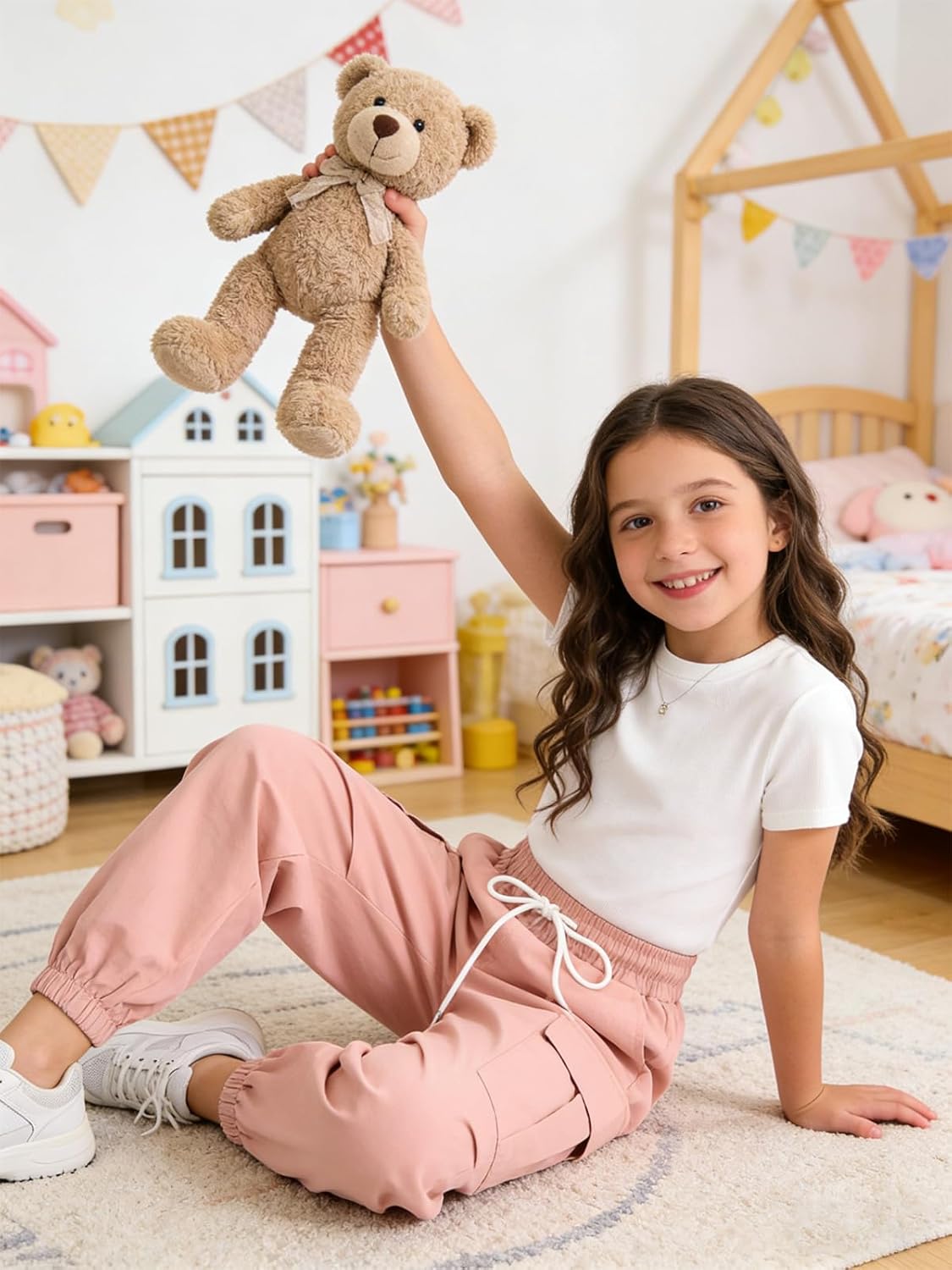 Thumbnail 3 de JiAmy Girls Cargo Trousers: Elastic Waist Baggy Parachute Joggers for 5–14 Years
