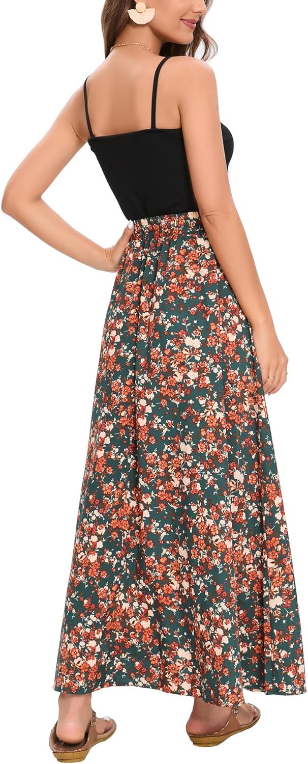 Detalle de Bluetime Women Flowy Long Skirts – Pleated Elastic High Waist Maxi for Summer