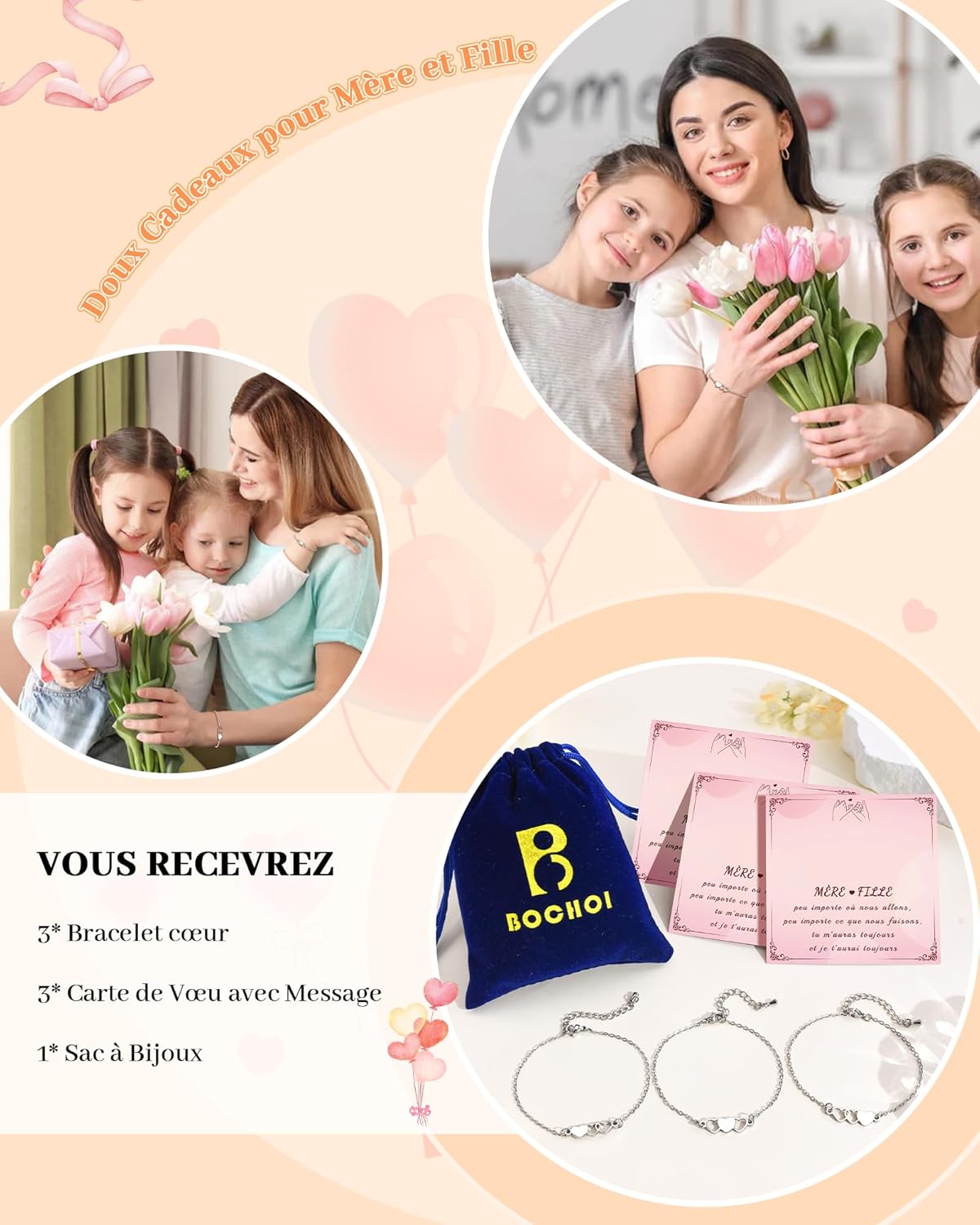 Thumbnail 5 de BOCHOI Bracelets Mère et Fille – Ensemble cœur en acier inoxydable, cadeau Fête des Mères