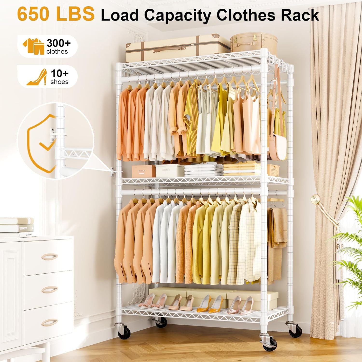 Detalle de ULIFHOME P5 Rolling Clothes Rack with Double Rods, 3-Tier Shelves and Wheels