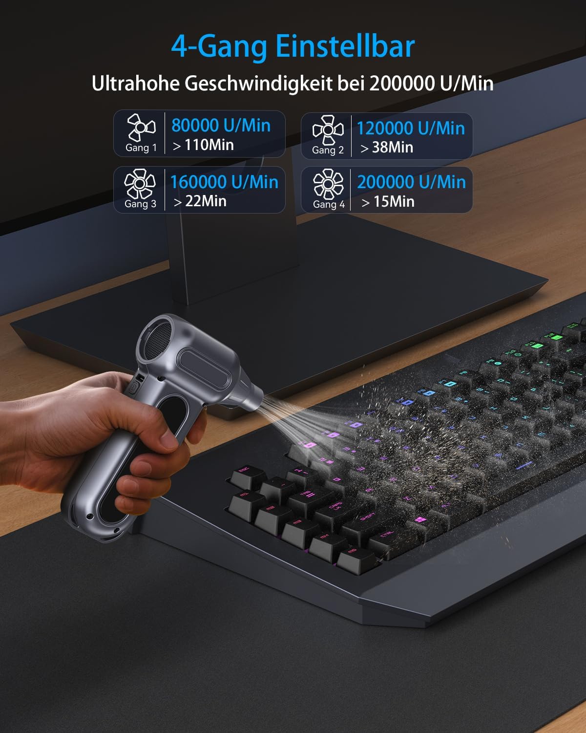 Thumbnail 1 de orantronx Elektrische Staubgebläse (Air Duster) mit 200.000 U/Min, 4 Geschwindigkeiten & LED – Akku-Druckluft für PC, Tastatur, Auto