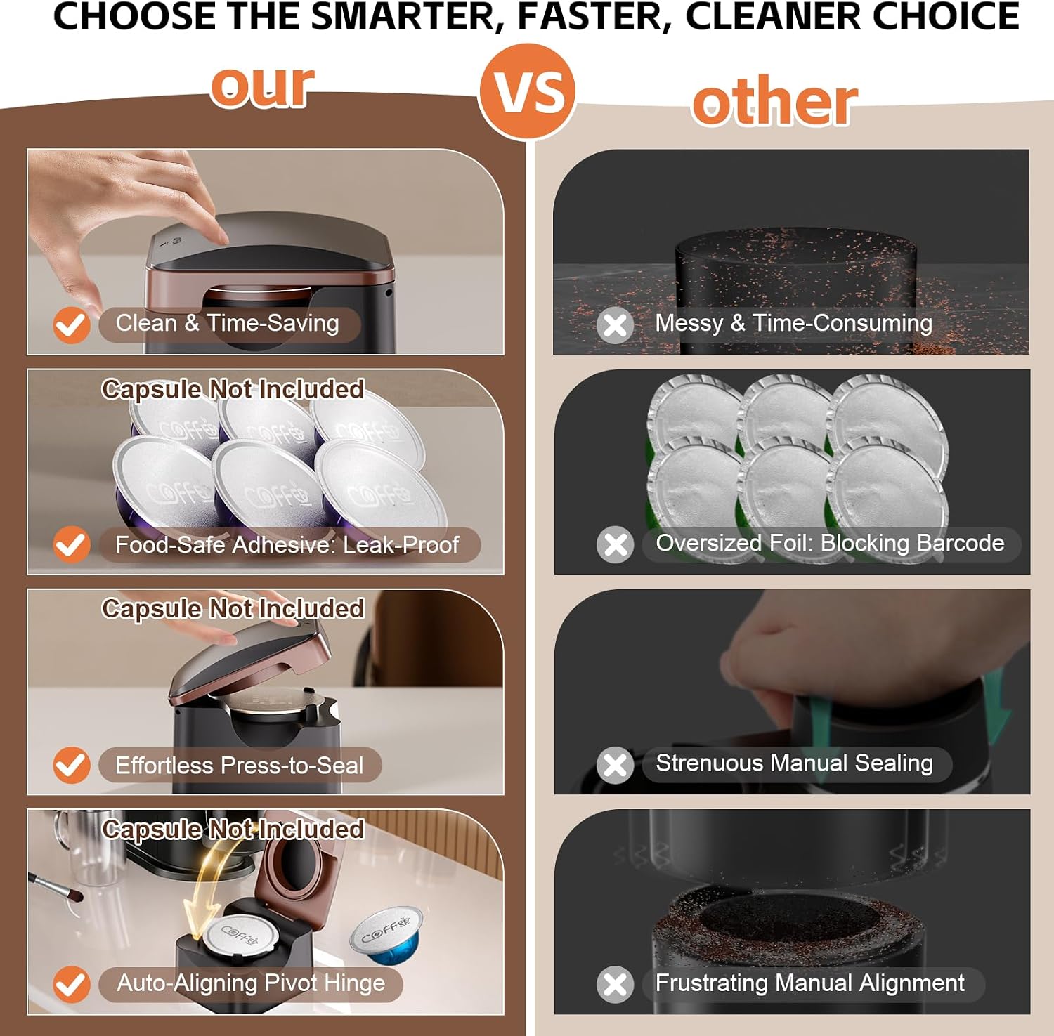 Detalle de Reusable Vertuo Pods Refill Kit for Nespresso – Upgraded Holder with 100 Lids and Press-to-Seal System