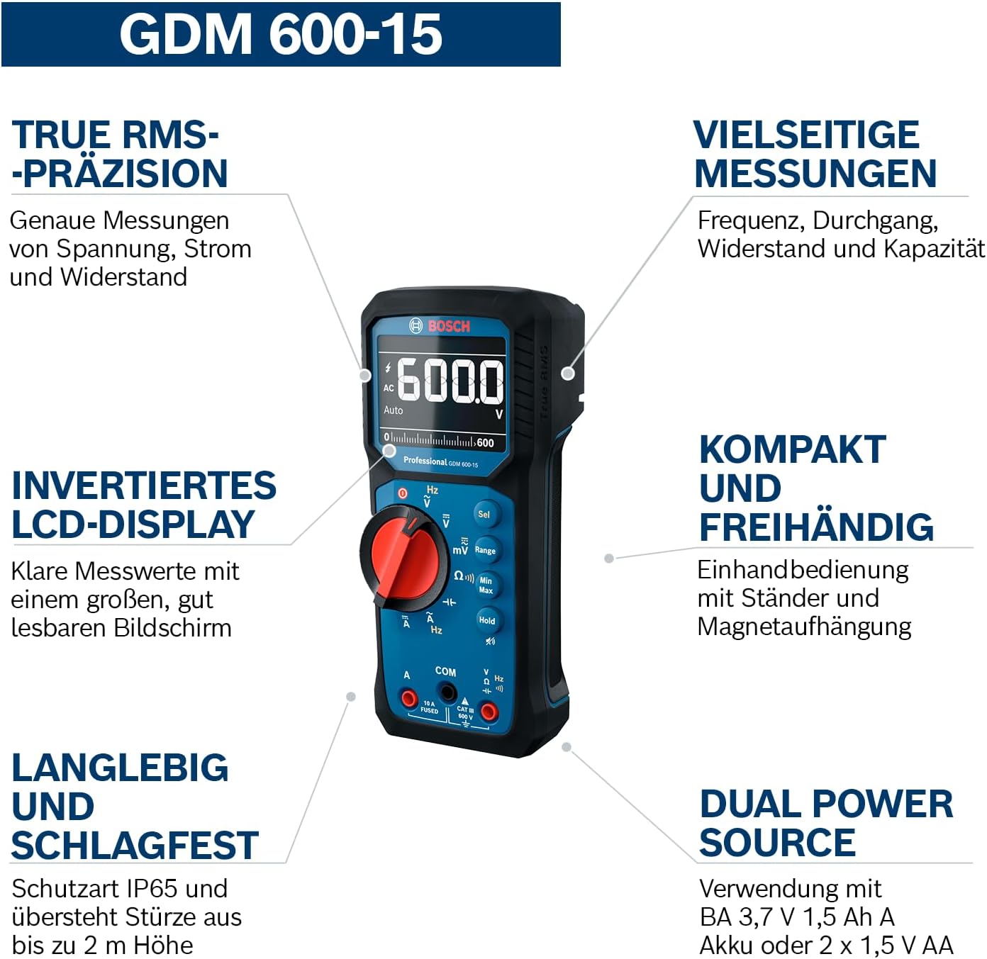 Detalle de Bosch Professional GDM 600-15: Digitales Multimeter mit True RMS und robustem Aufbau