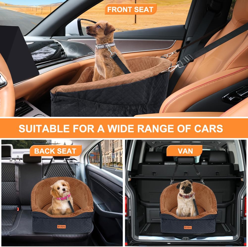 Detalle de Vivifying Hundeautositz mit Sicherheitsgurt, abnehmbarer & waschbarer Sitzerhöhung bis 11,3 kg (Braun)