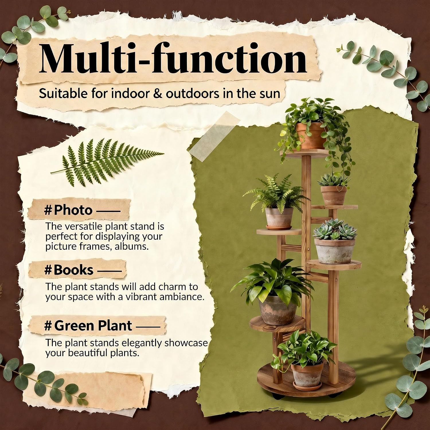 Detalle 2 de GEEBOBO ge-5tier-round-plant-stand-003 5-Tier Pine Wood Plant Stand with Wheels