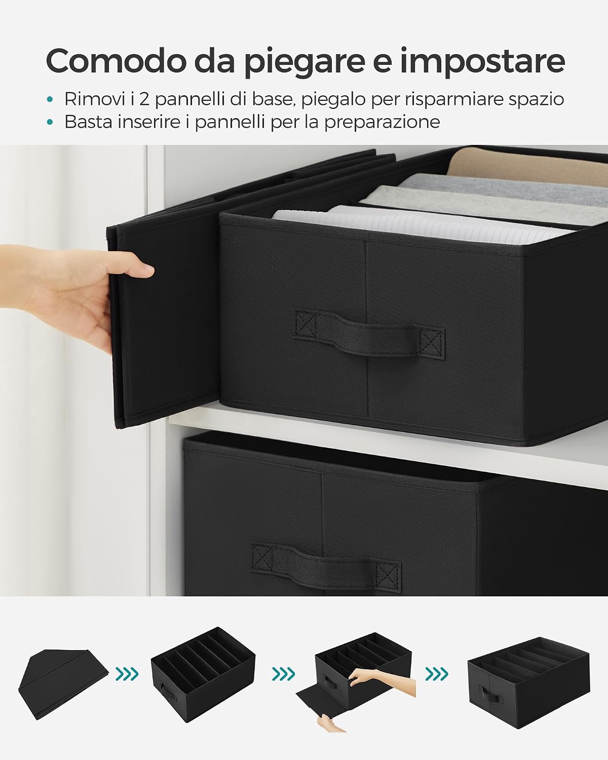 Detalle 2 de SONGMICS Set di 4 organizzatori per armadio a 6 scomparti RUS009B04 (42 x 30 x 17 cm), scatole pieghevoli per biancheria – nero inchiostro
