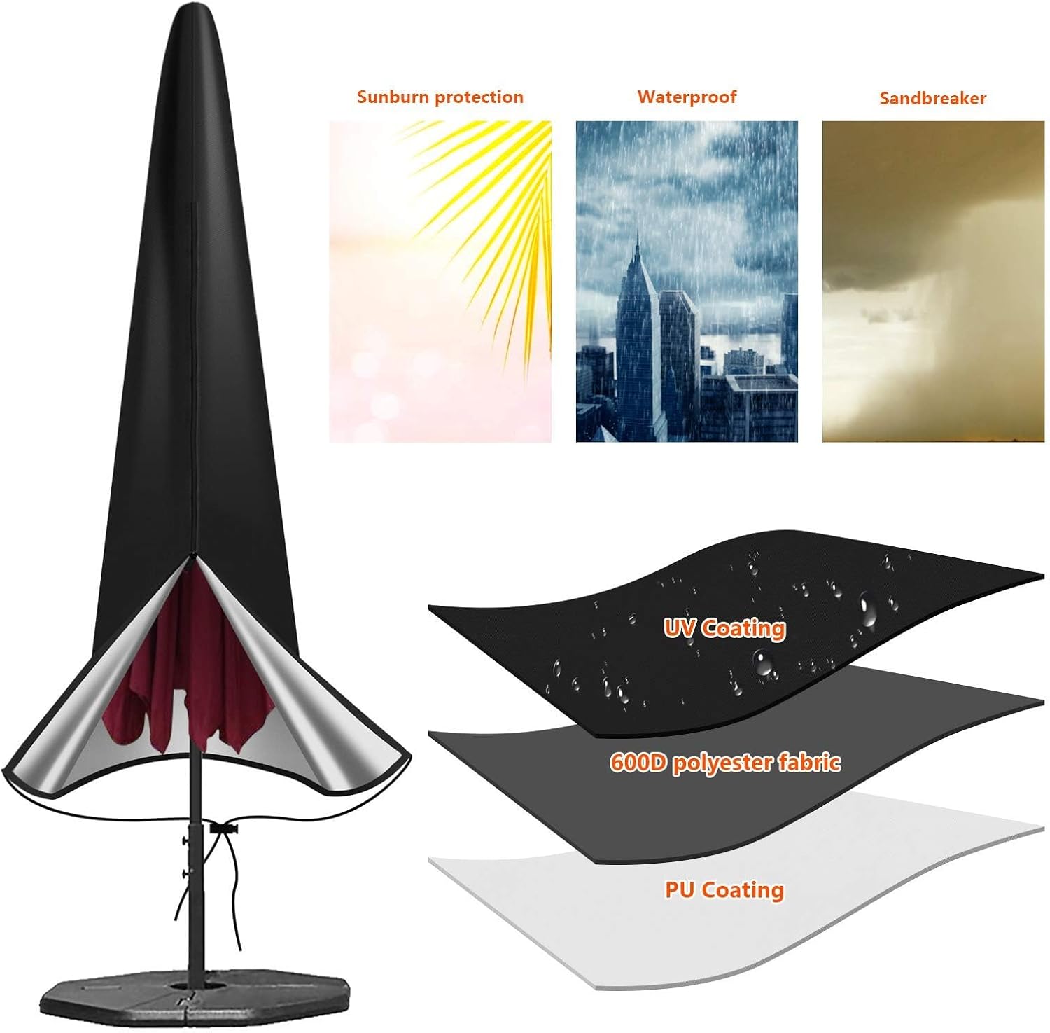 Detalle 2 de OKPOW Waterproof Parasol Cover (Heavy Duty 600D) for 2m–3m Outdoor Umbrellas