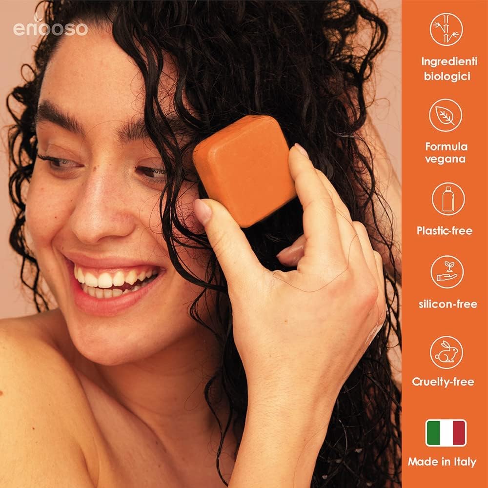 Detalle de Enooso Set Shampoo Solido e Balsamo Naturale e Ristrutturante per Capelli Danneggiati – Mango e Papaya, 120 g