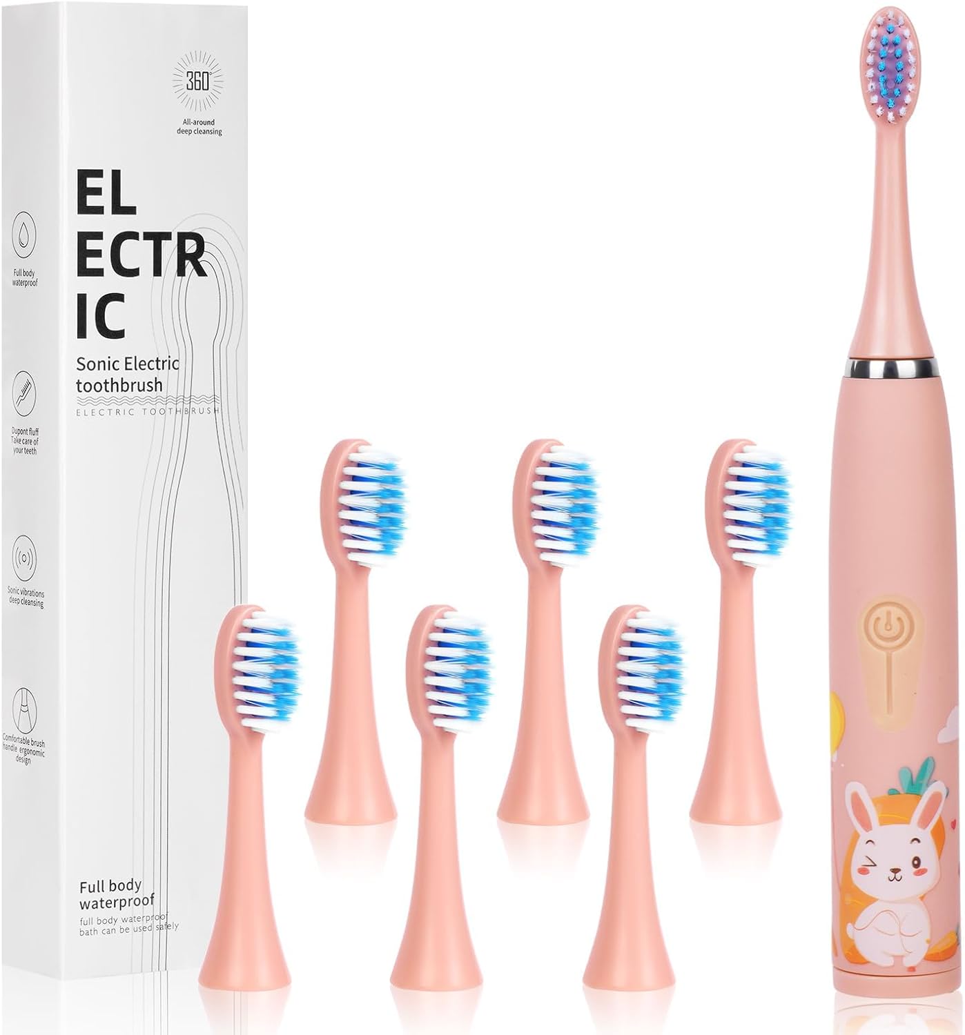 Detalle de Vicloon Kids Electric Toothbrush (Pink) – 6 Replaceable Heads, 4 Modes, 18000 Strokes, IPX6, 2-Minute Timer