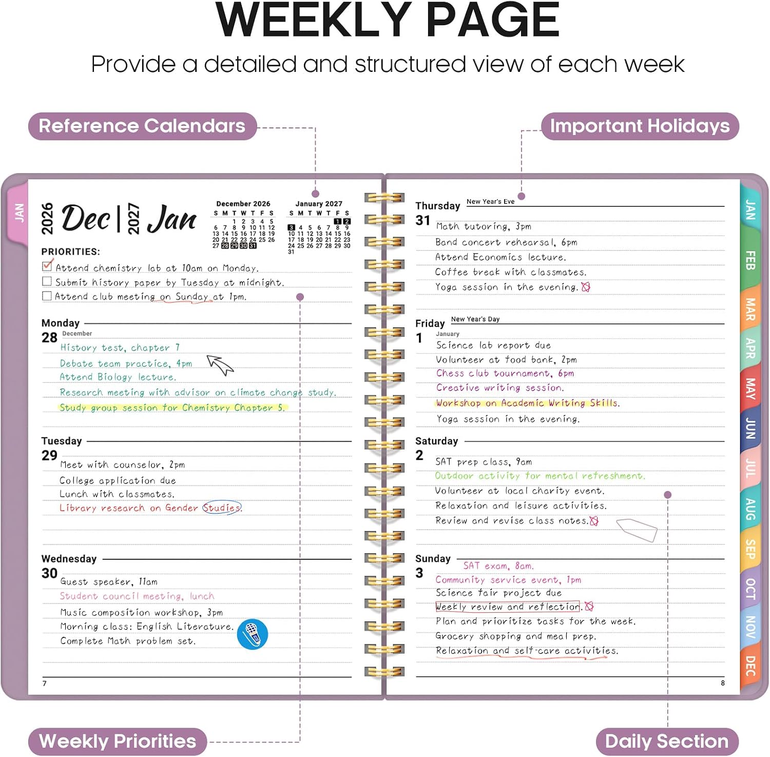 Detalle de Taja 2027-2028 18-Month Planner, Weekly & Monthly, Letter Size, Boho Purple
