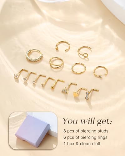 Detalle de CASSIECA 20G Gold Nose Ring & Stud Kit – Hypoallergenic 316L Surgical Steel with CZ Diamonds