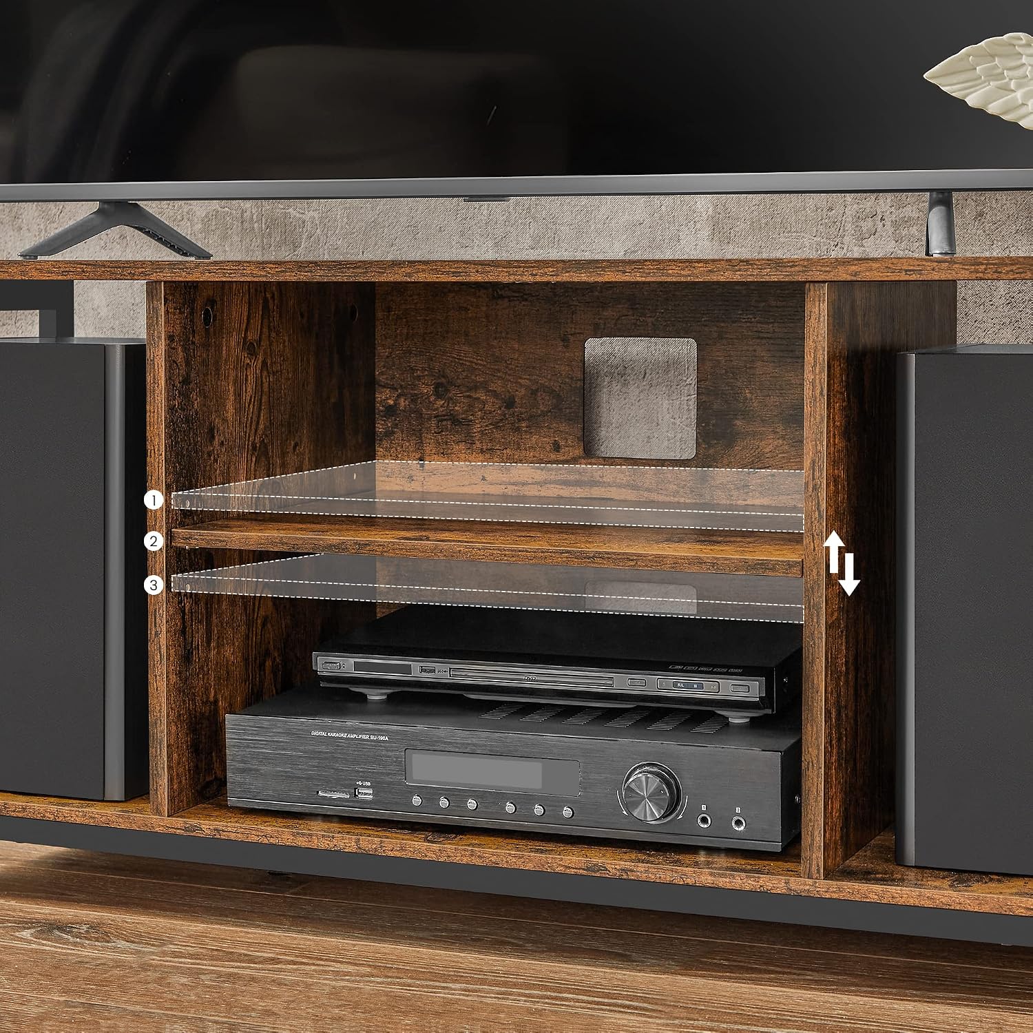 Detalle de VASAGLE LTV060B01 TV Stand, Rustic Brown and Black with Open Shelves