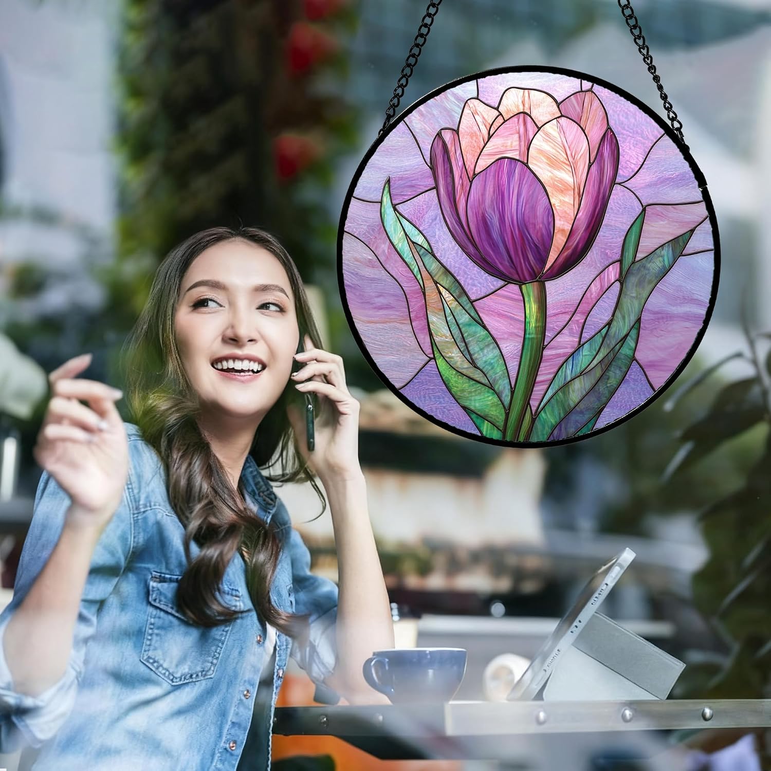 Detalle 1 de Purple Tulip Stained Glass Window Hanging Suncatcher, 9.8-Inch