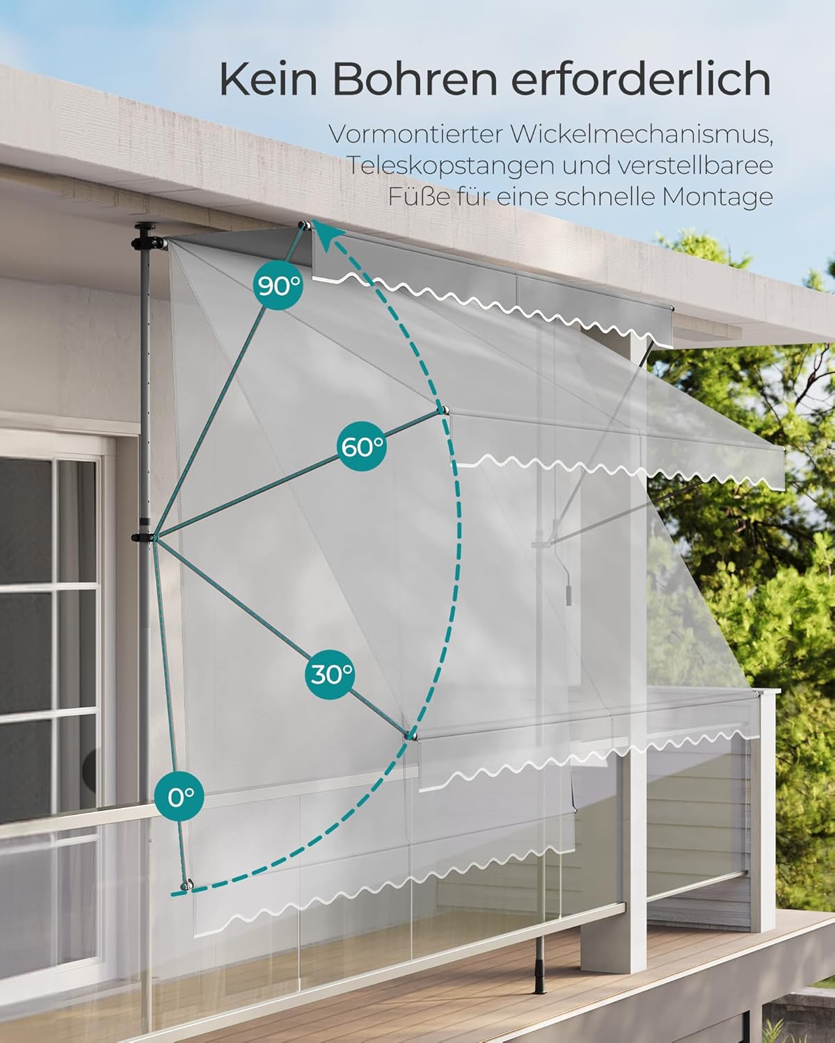 Thumbnail 5 de SONGMICS Klemmmarkise für Balkon und Terrasse, höhenverstellbar mit Handkurbel, 250 x 120 cm, grau GSA252G01