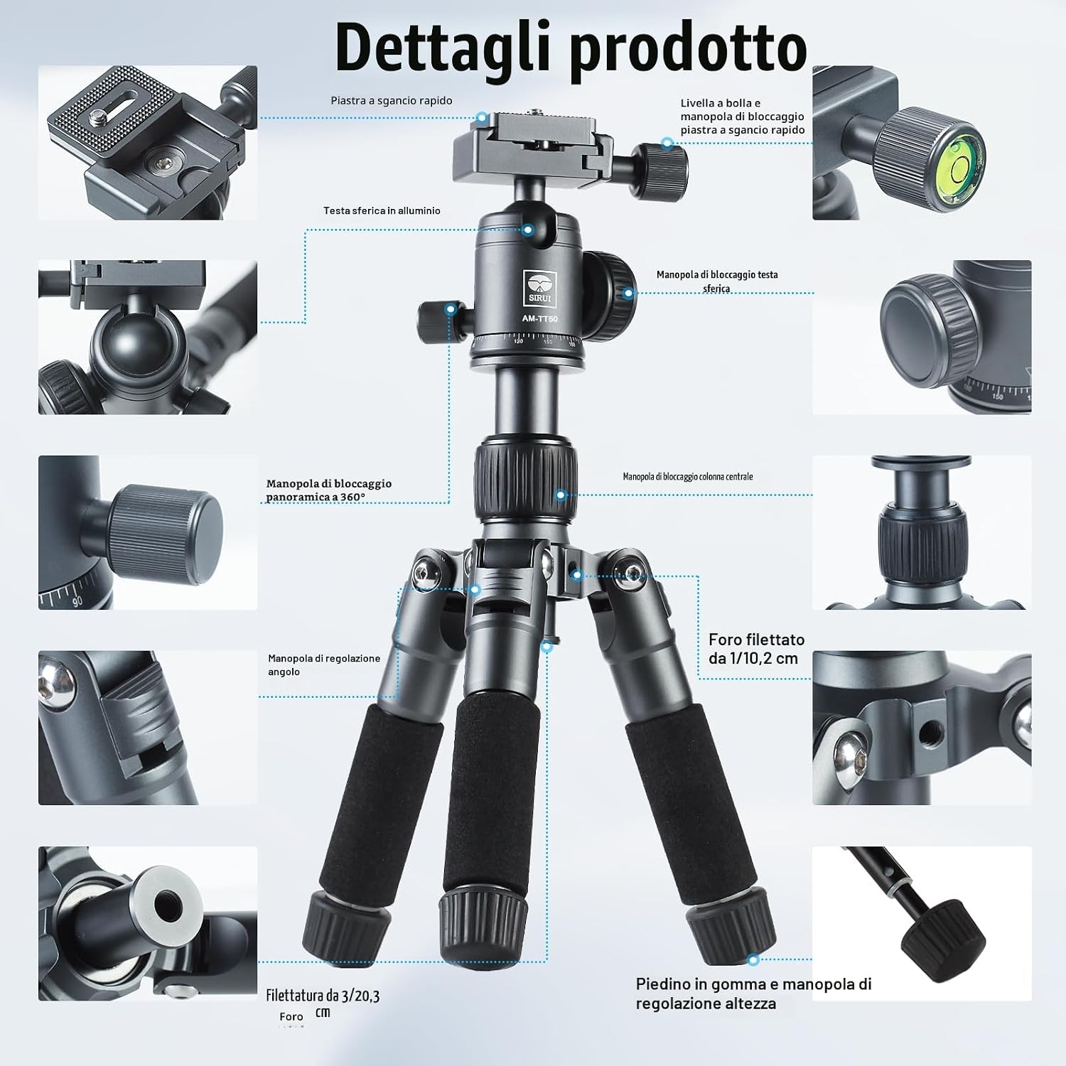 Detalle de SIRUI AM-TT50: Treppiede da Tavolo Compatto con Testa Sfera 360° e Supporto per Smartphone