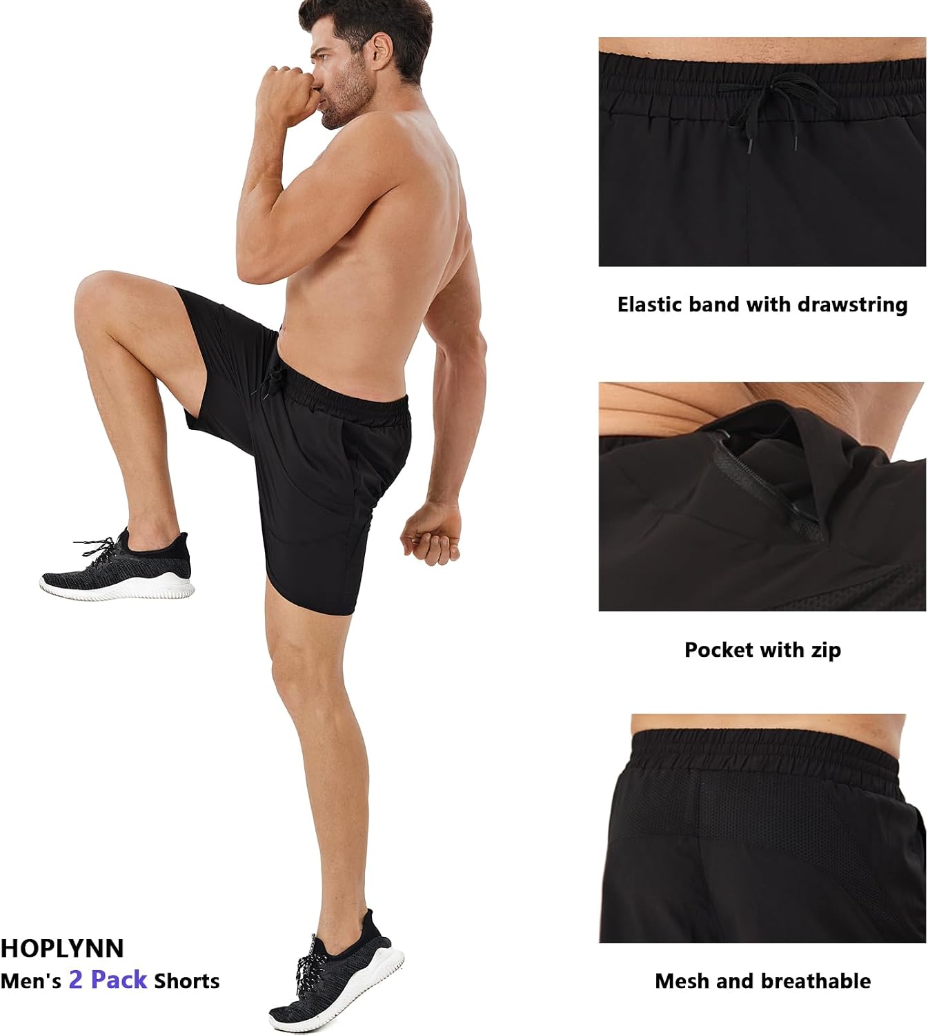 Thumbnail 3 de HOPLYNN Men's 2 Pack Lightweight Running Shorts with Zipped Pockets