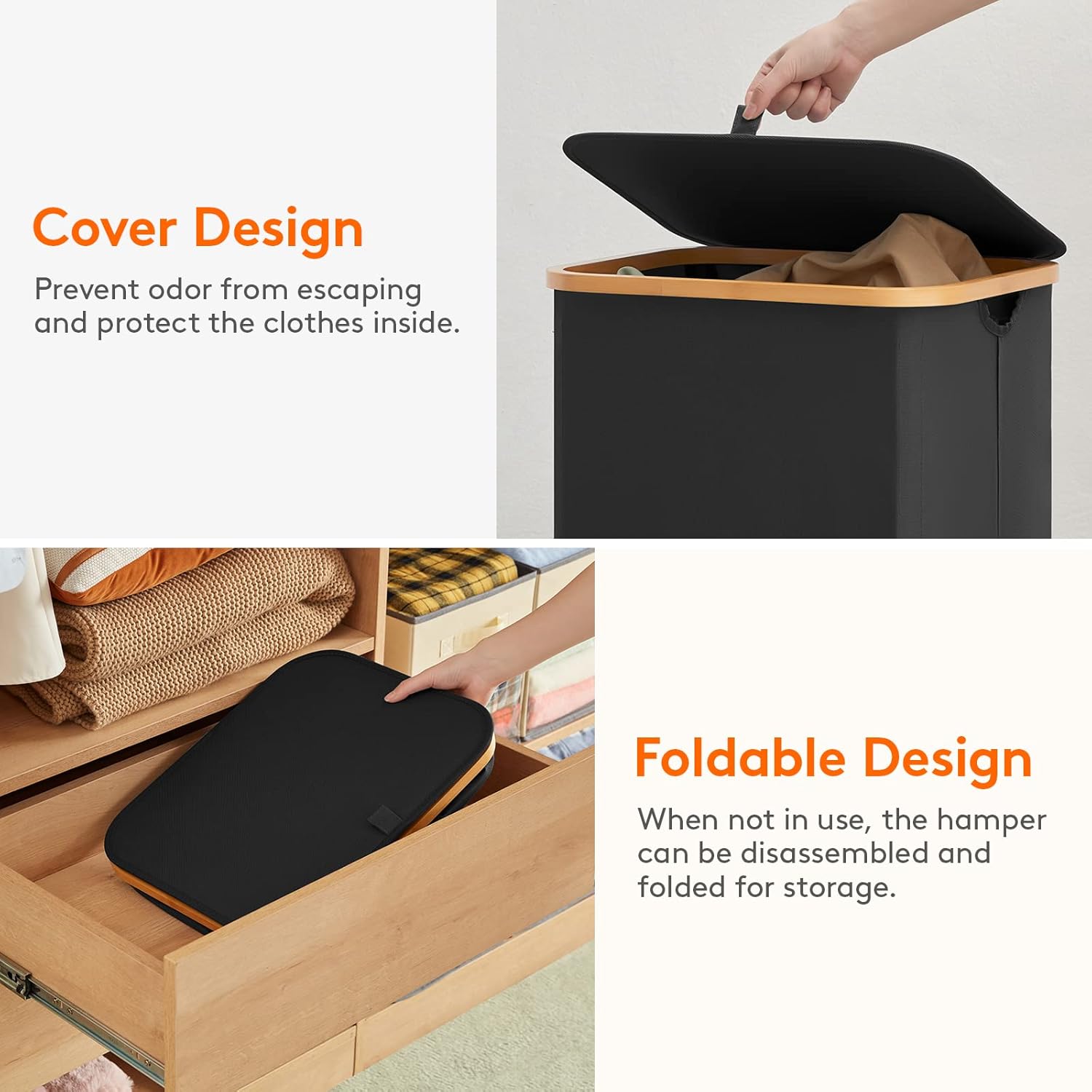 Thumbnail 6 de Lifewit 100L Laundry Basket with Lid, Foldable Hamper with Removable Bag and Bamboo Handles (Black)