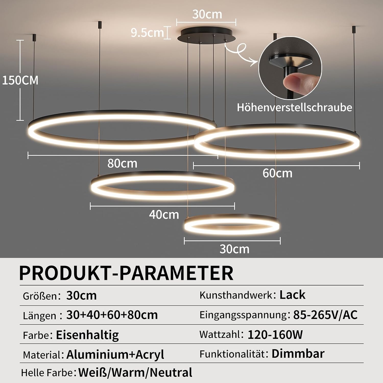 Thumbnail 4 de Mikeru Runde 4‑Ringe-Pendelleuchte mit 10–100% Dimmer und 3 Farbtemperaturen (30+40+60+80 cm)