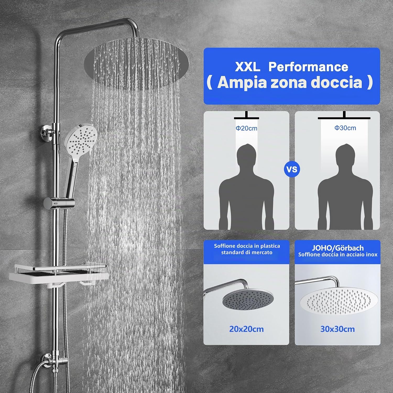 Detalle de JOHO Colonna Doccia in Acciaio Inox – Set completo con mensola e soffione a pioggia, D30 cm