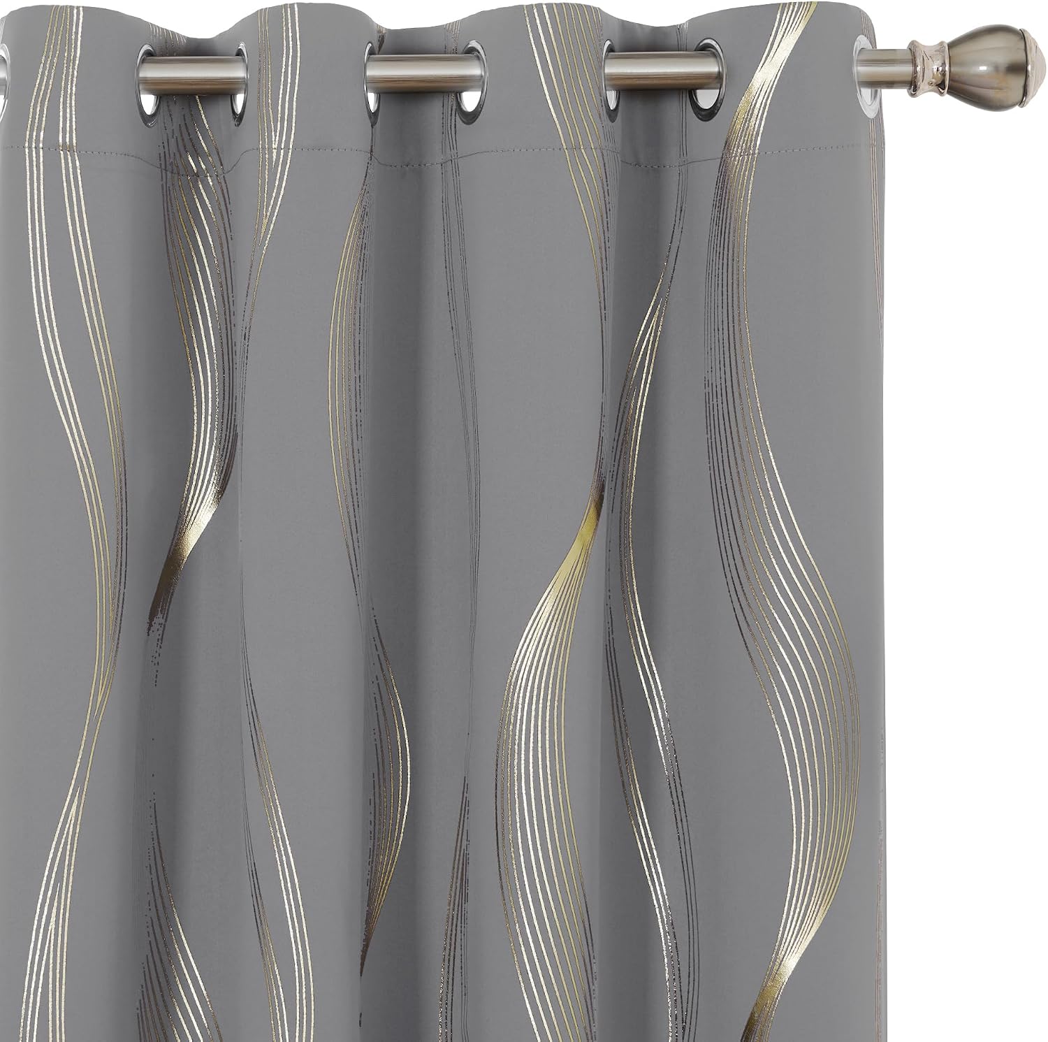 Detalle de Deconovo Blackout Eyelet Thermal Curtains (Gold Wave Foil Print) – Light Grey, 2 Panels, 46x72 Inch