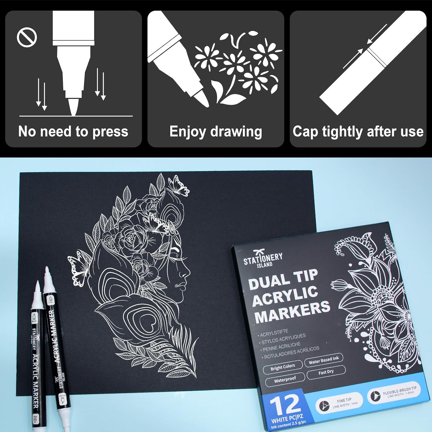 Detalle de STATIONERY ISLAND Acrylstifte Weiß – 12er Doppelseiten-Acrylmarker, wasserbasierte Tinte