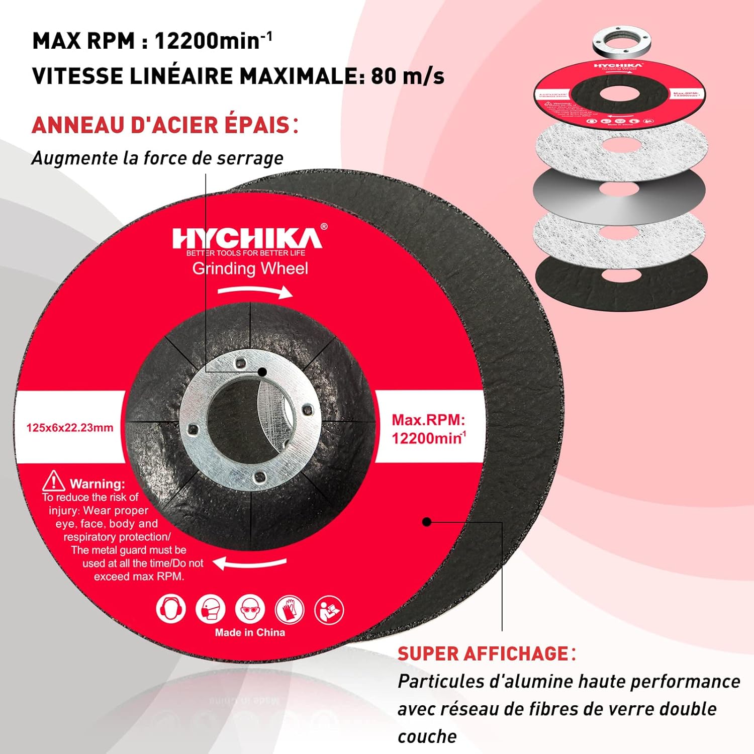 Detalle de HYCHIKA disques à ébarber métal 125 mm (x10) pour meuleuse d’angle – oxyde d’aluminium et fibre de verre