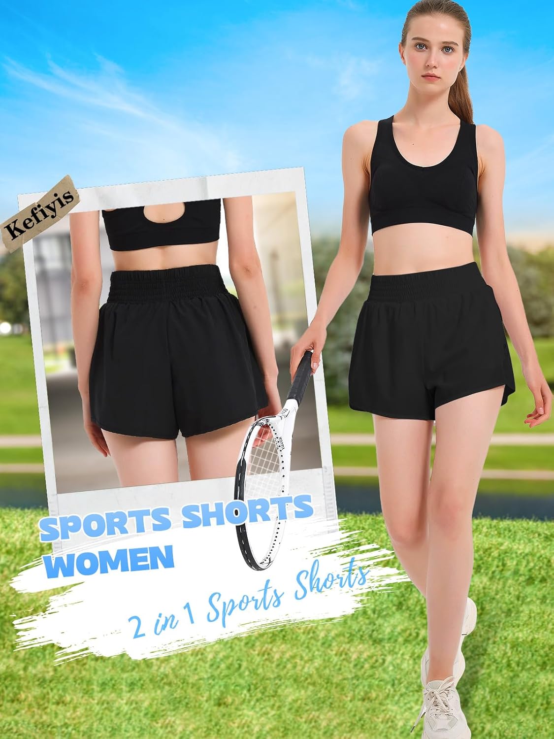 Thumbnail 1 de Kefiyis Pantaloncini da corsa donna 2 in 1 a vita alta con tasca e zip – asciugatura rapida