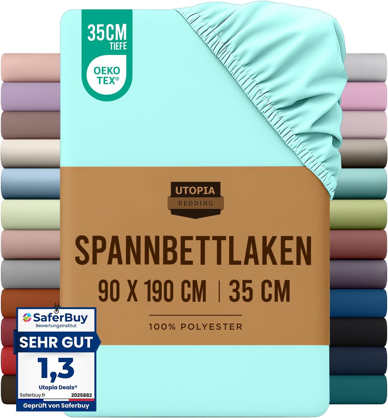 Detalle de Utopia Bedding Spannbettlaken 90x190 cm, Spa Blau – gebürstete Polyester-Mikrofaser mit 35 cm Tiefe