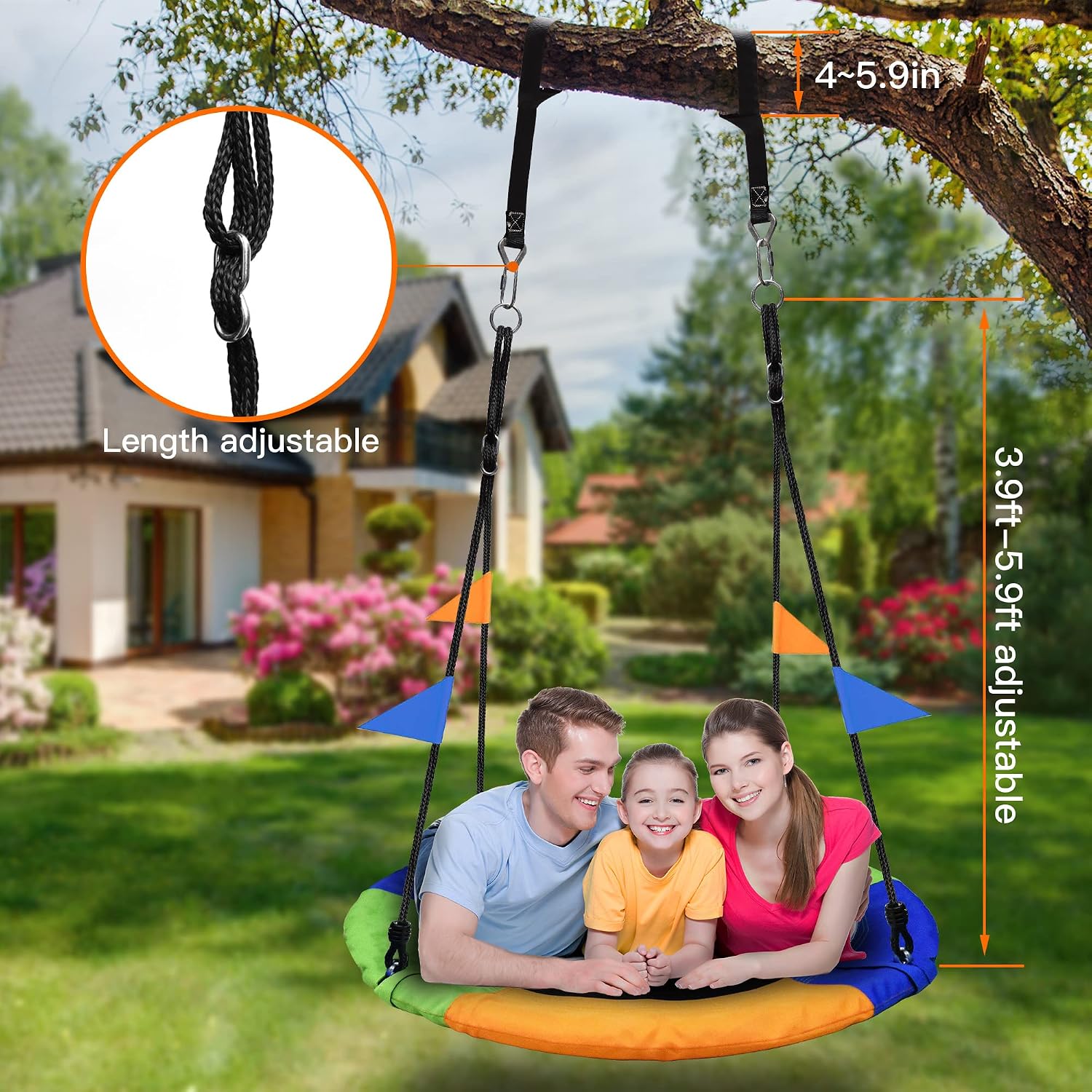 Detalle de PACEARTH 40 Inch Flying Saucer Tree Swing Seat (900 lb capacity) with Adjustable Braided Ropes