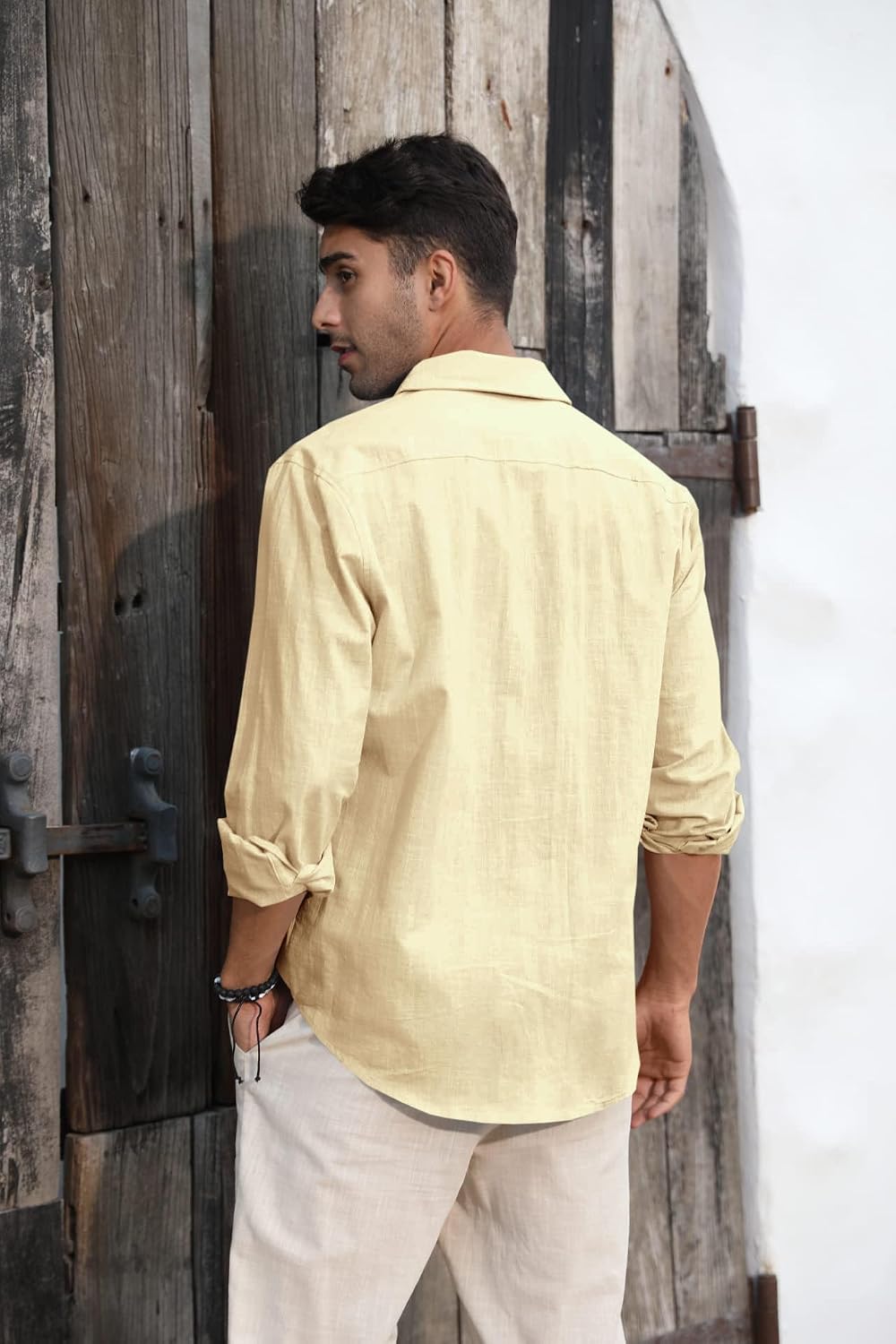 Detalle de Runcati Herren Langarm Leinenhemd mit Umlegekragen – Regular Fit, Sommer-Business